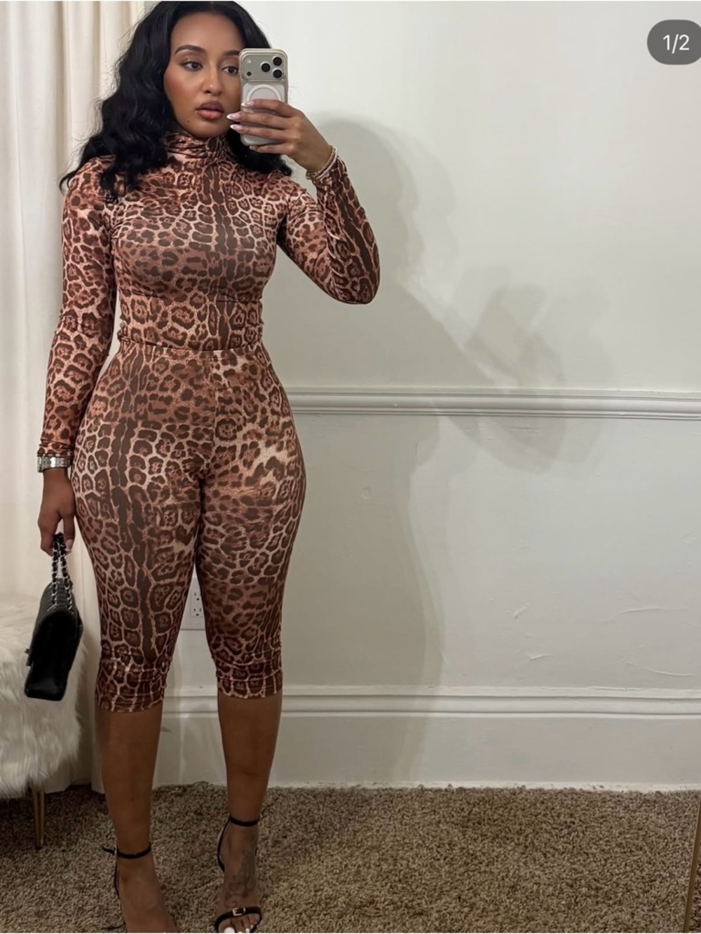 Fitted Leopard-Print Long Sleeve two piece set Brown